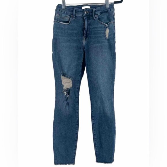 GOOD AMERICAN Skinny Distressed Jeans Mid Rise Style GLCFH941T BLUE521 Size 4/27 - Picture 1 of 16